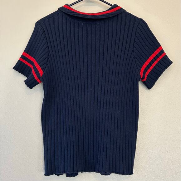 Anthropologie Flat white Polo Knit ribbed sweater preppy sporty academia navy 1X - Picture 9 of 11
